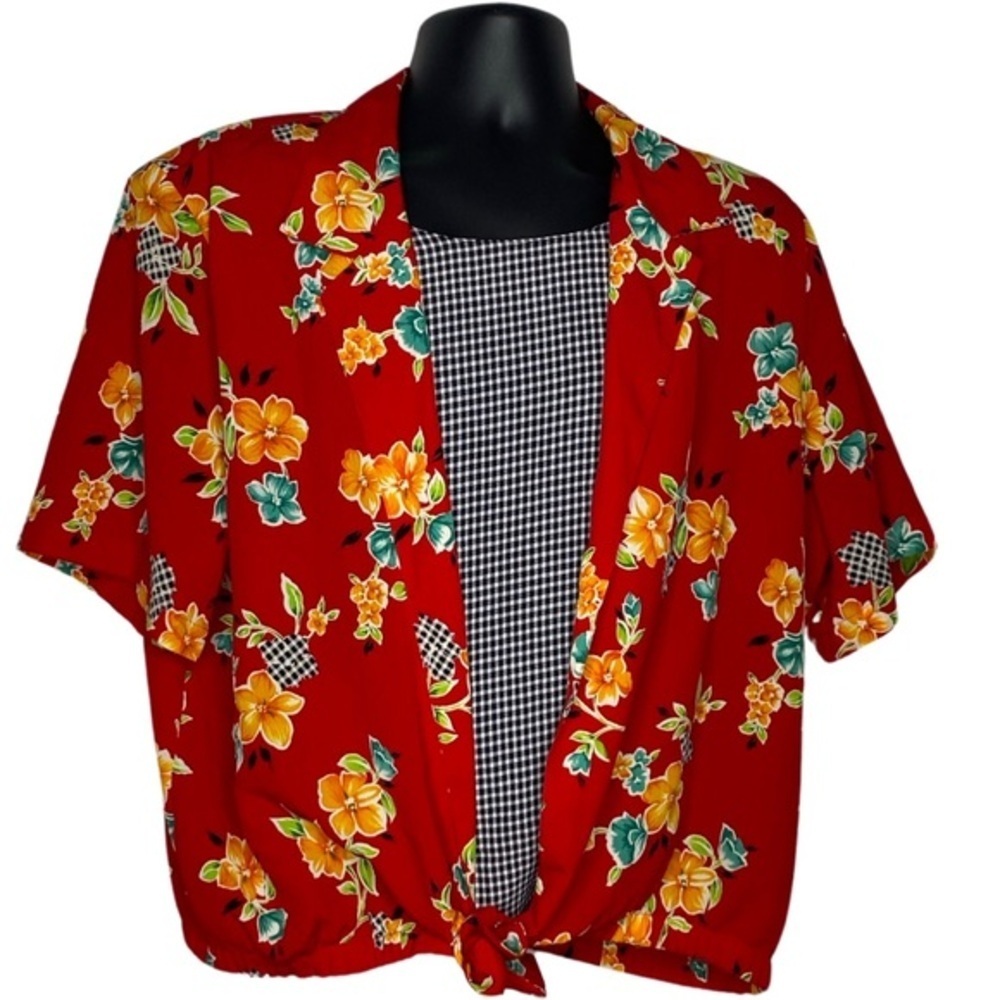 Alfred Dunner Floral Tie Knot Blouse + Checkered Shirt (Size:20, Color:Multi)